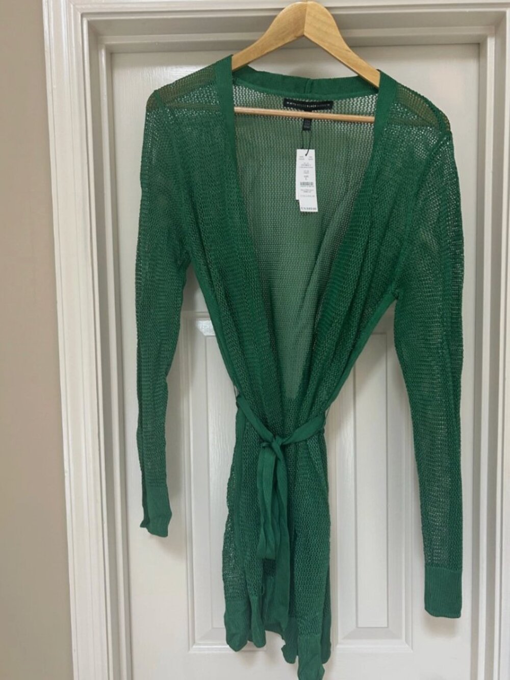 White House Black Market WHBM Amazon Green Open Front Net Knit Coverup Sz L